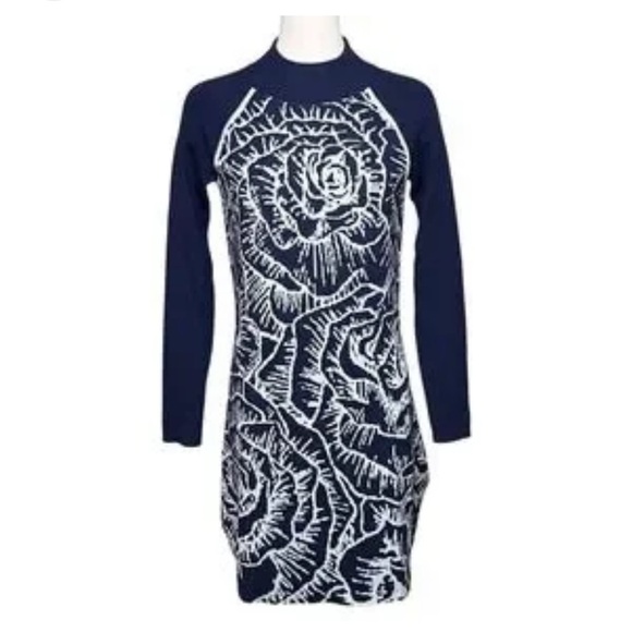 Title Nine Merino Wool Dress Size Small Extrafine Dark Navy Blue Floral Print - Picture 1 of 6